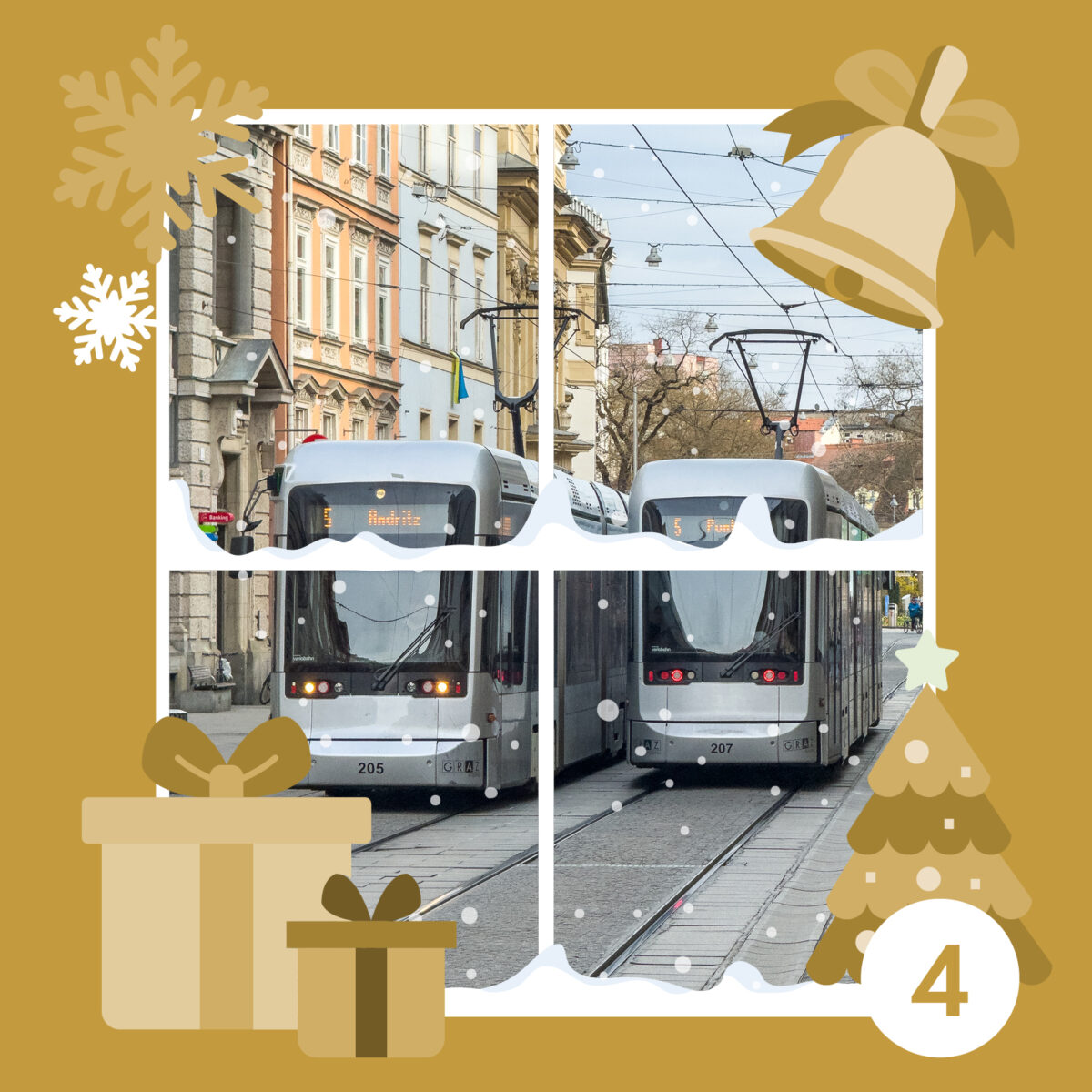 Zwei Straßenbahnen in der Herrengasse, Sujet für Adventkalender